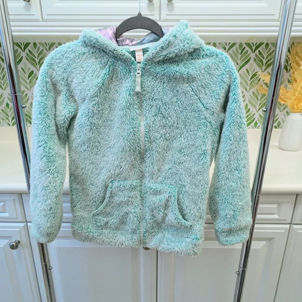 Teal Seafoam Green Cat & Jack Fluffy Zip Up Unicorn Sweater Large 10/12 Winter